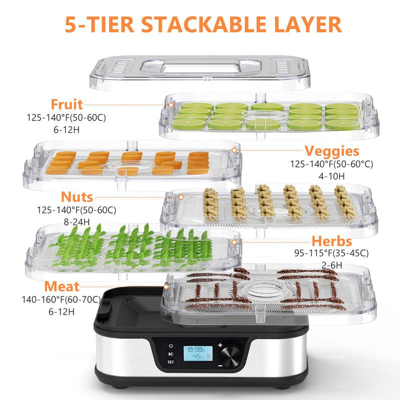 COWSAR Fruit and Vegetable Dryer, Stainless Steel Dehydrater for Fruit Herb Food Meat - 5 Compartments Fruit Vegetable Dryer,With Convection 72 Hours Timer LCD Screen