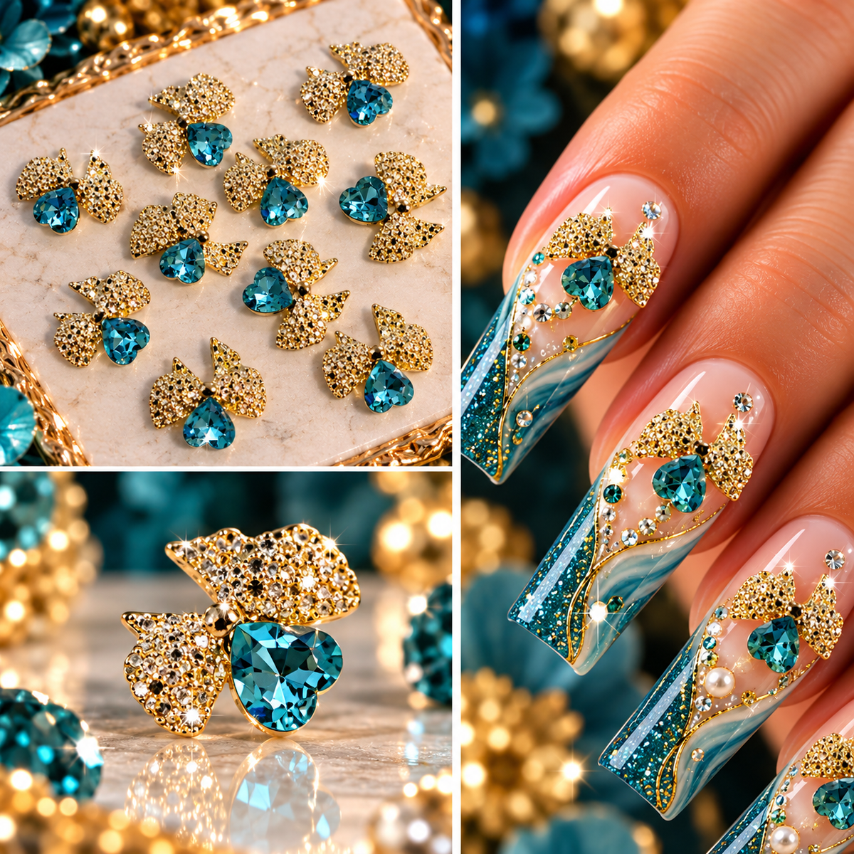 Queen - Nail Charms 10pc - #169 Gold Bows with Blue Heart Gem