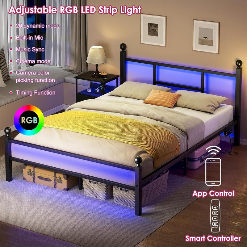 Full Size LED Bed Frame with Charging Station, Metal Platform Bed with USB Ports & Outlets, Heavy Duty Frame with under Bed Storage, Easy Assembly