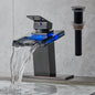 AVSIILE LED Bathroom Sink Faucet, Matte Black Waterfall Single Hole Handle Vanity Faucets for Sinks 1 Hole with Metal Pop up Drain and 2 Water Supply Lines, Open Glass Spout