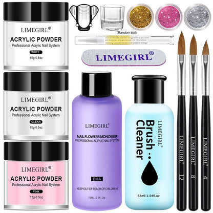 Limegirl Acrylic Nail Kit for Beginners with 75Ml ACRYLIC NAIL LIQUID Professional Nail Kit Acrylic Set with Drill Nude Acrylic Powder and Gel Nail Polish Glitter Decorations Gift for Women Manicure