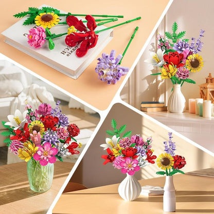 PLAXSOON 1461PCS Flower Bouquet Building Blocks, 18 Flowers & Fruit Ornaments, Everlasting Home Decor, Valentine Birthday Gift for Adults Women Kids 8+