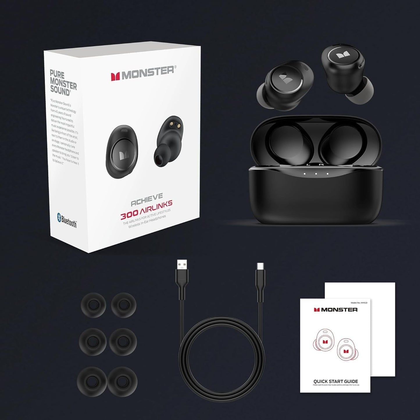 Monster Wireless Earbuds,5.3 In-Ear Headphones Bluetooth Headphones Touch Control with Charging Case, Bluetooth Earbuds,32H Play Black