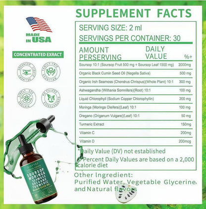 2 Bottle Soursop Bitters Liquid Drops 10-In-1 with Nori, Moringa, Turmeric, Black Seed Oil, Oregano, Ashwagandha Herbal Extracts for Overall Health Vegan,Non-Qz 2 Fl Oz Bathroom Fitness Dietary Supplement