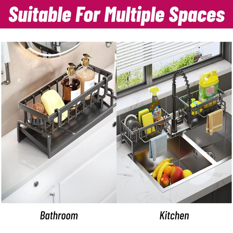 Sponge Holder for Kitchen Sink, Sink Caddy with High Brush Holder, Stainless Steel Dish Sponge with Divider, Dish Soap Dispenser Storage Organizer Racks