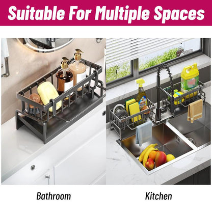 Sponge Holder for Kitchen Sink, Sink Caddy with High Brush Holder, Stainless Steel Dish Sponge with Divider, Dish Soap Dispenser Storage Organizer Racks