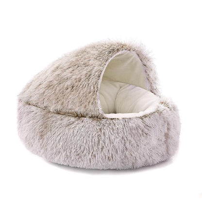 Warm Cat Bed round Plush Fluffy Hooded Cat Bed Cave, Cozy for Indoor Cats or Small Dog Beds, Soothing Pet Beds Doughnut Calm Anti-Nxiety Dog Bed - Waterproof Bottom Washable, 20Inches Soft 2-In-1 Covered Cat Bed Cushion