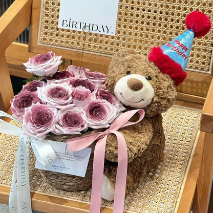 Valentine’S Day Teddy Bear with Eternal Rose Bouquet, Preserved Flower Plush Bear, Romantic Birthday Gift for Her Gift Sets