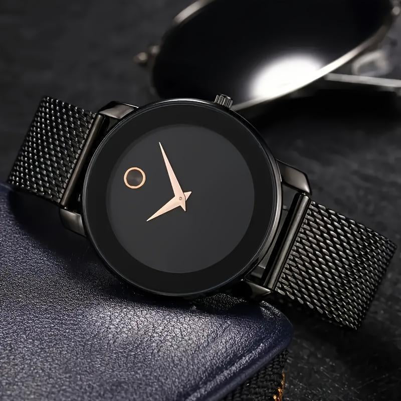 A Stylish Women'S Quartz Watch with a Mesh Strap - Featuring a Golden round Dial, Fashionable Zinc Alloy Strap and Case, a Casual Decorative Accessory, Perfect as a Ramadan Gift or a Present for Mom.