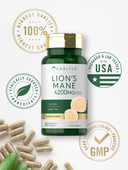 Lions Mane Supplement Capsules | 4200Mg | 60 Count | Vegetarian, Non-Gmo & Gluten Free | by Carlyle