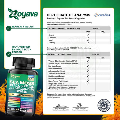Zoyava Sea Moss Supplement - All-In-One Multivitamin with Black Seed Oil, Ashwagandha & 15+ Extra Strength Ingredients - 60 Capsules - MADE in USA