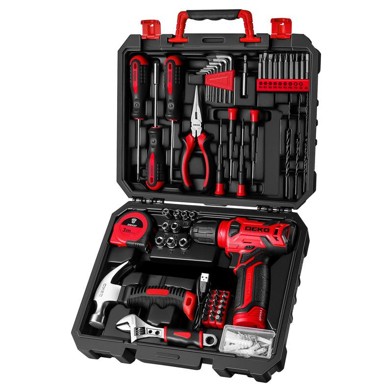 DEKOPRO 126-Piece Pink Household Tool Set with 8V Cordless Drill, Rechargeable Battery, All-In-One Compact Tools Kit, Perfect Christmas Gift, Ideal for Home Repairs & DIY Projects