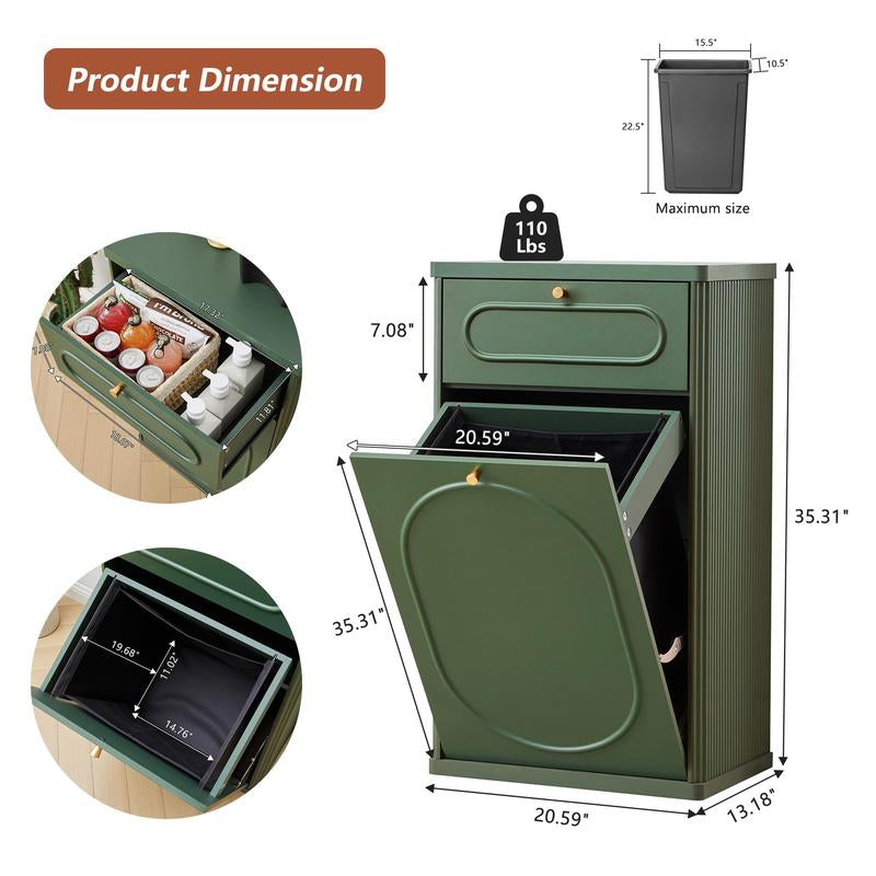 Giratree Tilt Out Trash Can Cabinet, Wood Kitchen Garbage Bin with Drawer, Fluted 10 Gallon Laundry Hamper Cabinet, Farmhouse Hidden Trash Can for Kitchen, Living Room