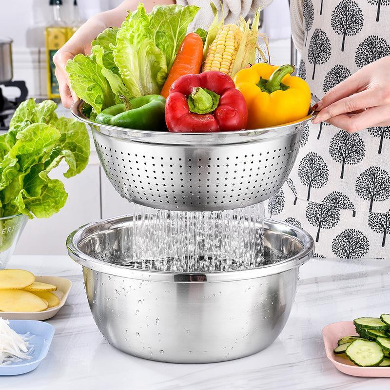 3-In-1 Stainless Steel Multi-Functional Strainer Set, Includes Basin/Sieve/Cutter, Ideal for Washing Rice Fruits Vegetables Kitchen Essentials