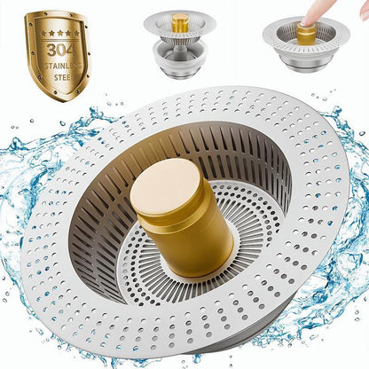 3 in 1 Kitchen Sink Drain Strainer,Universal Stainless Steel Kitchen Sink Stopper, Pop up Anti-Clogging for 3-1/2 Inch US Standard Sink Drain Strainer