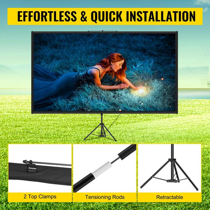 VEVOR Tripod Projector Screen with Stand 100Inch 16:9 4K HD Projection Screen Stand Wrinkle-Free Height Adjustable Portable Screen for Projector Indoor & Outdoor for Movie, , Home Cinema, Gaming, Office