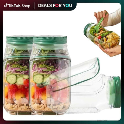 Portable Salad Storage Jar Container with Leakproof Dressing Compartment,Environmentally Friendly Plastic Materials,Microwave/ Dishwasher/Freezer Safe,Suitable for Home, Outdoor, Travel and Party, Work,Fitnessportable,Keeps Food Fresh Ransparent Bowl