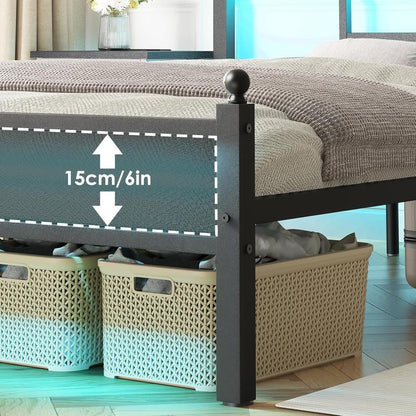 Full Size LED Bed Frame with Charging Station, Metal Platform Bed with USB Ports & Outlets, Heavy Duty Frame with under Bed Storage, Easy Assembly