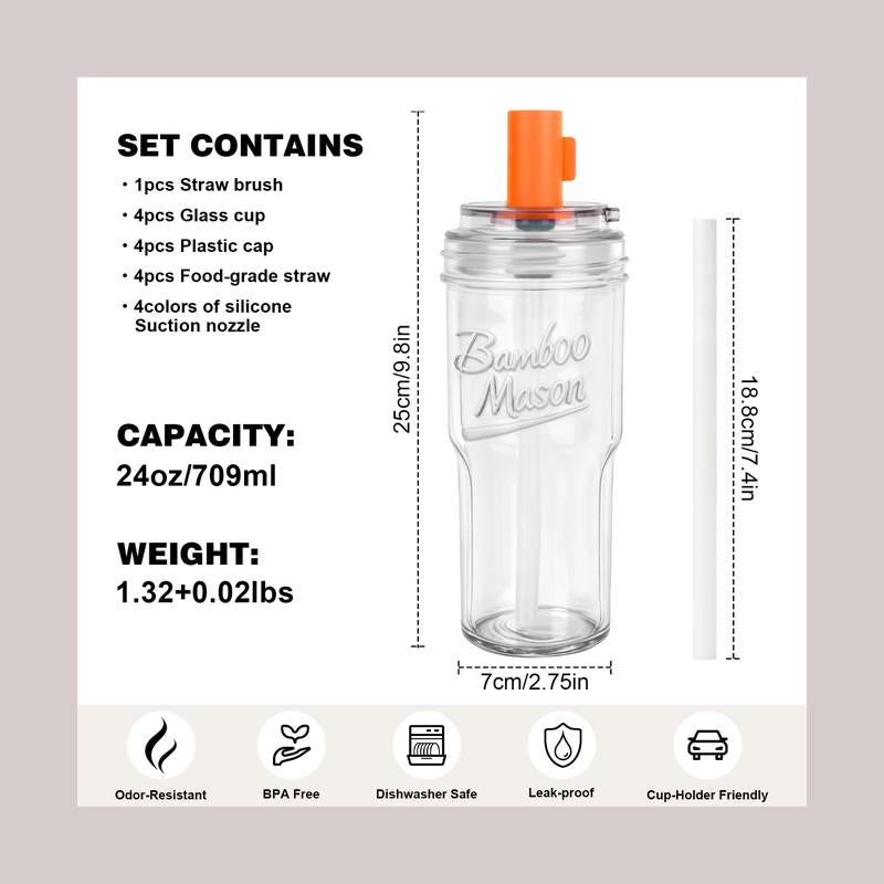 CAPCUP 2-Pack 24Oz Leak Proof Glass Tumbler with Lid & Straw - Thickened for Iced Coffee, Smoothies,Cocktails and Juices-Elegant Durable for Home, Office,Travel- Dishwasher Safe Reusable Water Bottles