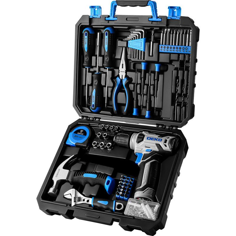 DEKOPRO 126-Piece Pink Household Tool Set with 8V Cordless Drill, Rechargeable Battery, All-In-One Compact Tools Kit, Perfect Christmas Gift, Ideal for Home Repairs & DIY Projects