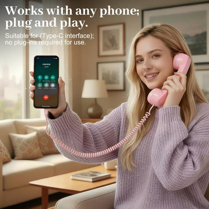 Novelty Retro Handset for Phones – Fun Gift for Parents, Teens & Offices, Easy Plug-In Type-C, Clear Calls, Tangle-Free 3Ft Cable