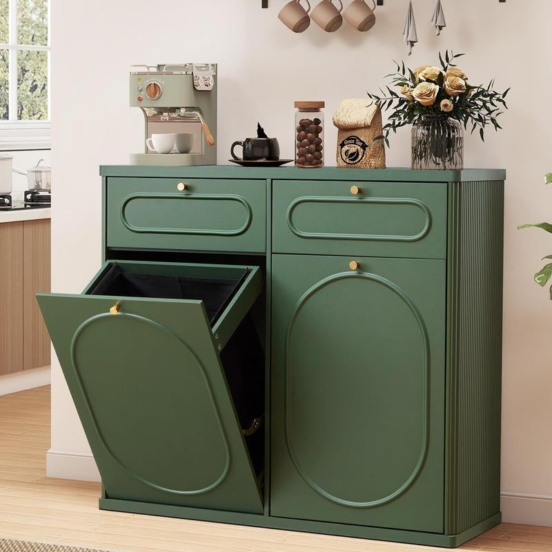 Giratree Tilt Out Trash Can Cabinet, Wood Kitchen Garbage Bin with Drawer, Fluted 10 Gallon Laundry Hamper Cabinet, Farmhouse Hidden Trash Can for Kitchen, Living Room