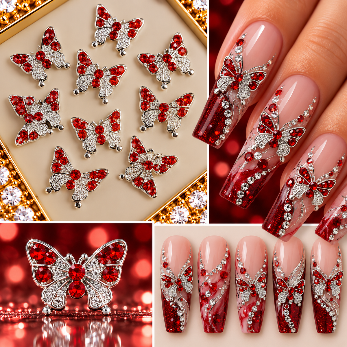 Queen - Nail Charms 10pc - #149 Silver Butterflies w/ Red Stones