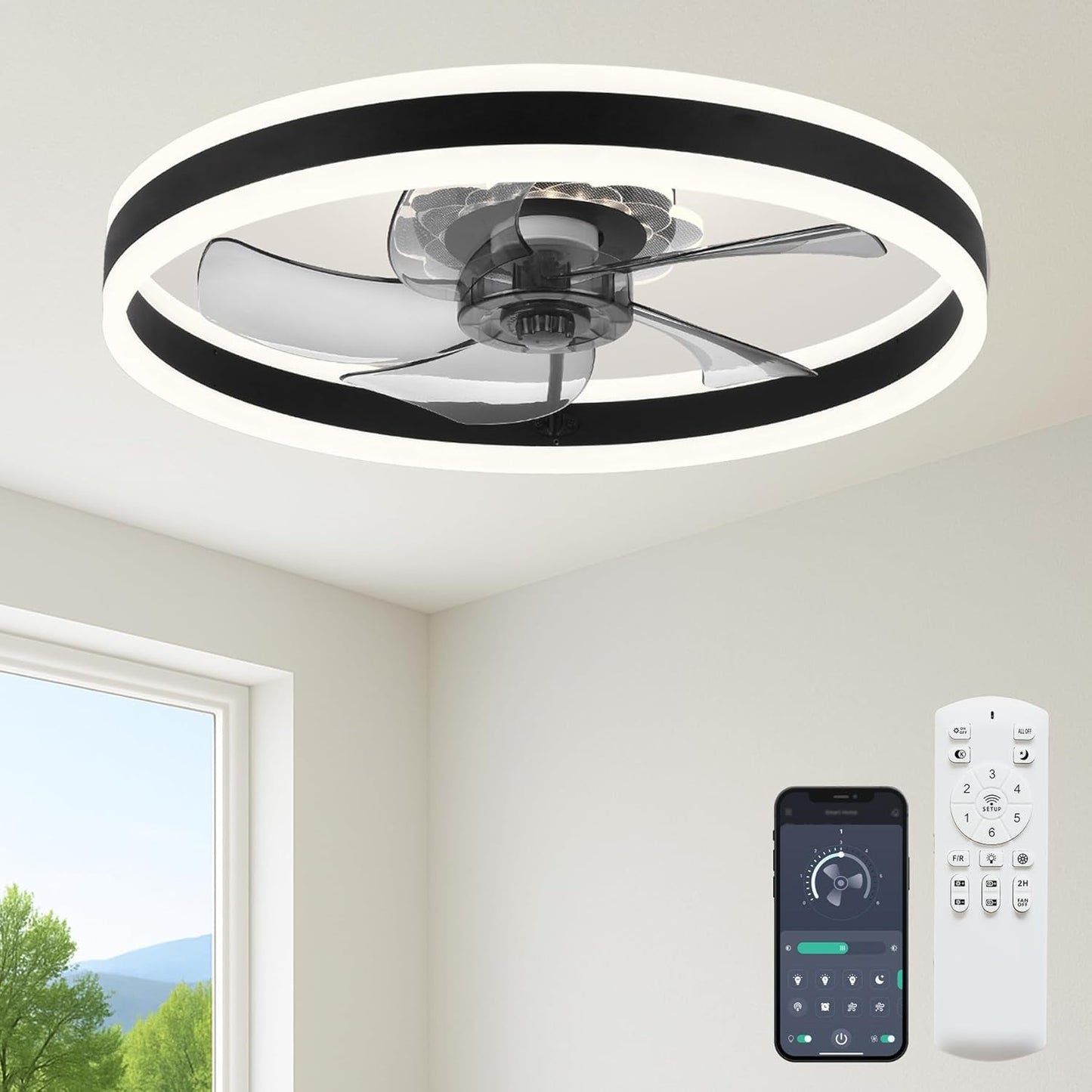 20‘’ Ceiling Fan with Light, Upgraded Low Profile Fan, Flush Mount Ceiling Fan, 6 Speeds, Dimmable LED, App & Remote Control, Quiet DC Motor, for Bedroom, Living Room, F115 White