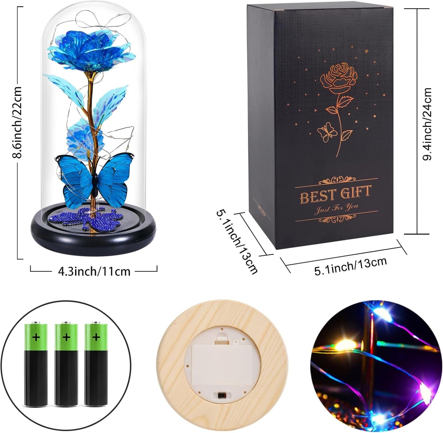 Valentines Day Birthday Gifts for Her Women Blue Rose Eternal Flower Light up Rose in Glass Dome with Butterfly, Valentine'S Flowers Gifts for Her Wife Mom Girlfriend Delivery Prime Anniversary