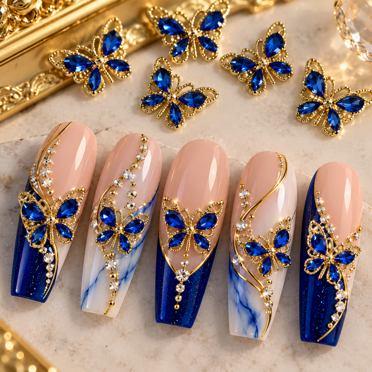 Queen - Nail Charms 10pc - #031 Gold Sapphire Crystal Butterflies