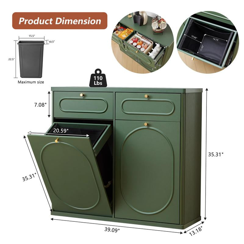 Giratree Tilt Out Trash Can Cabinet, Wood Kitchen Garbage Bin with Drawer, Fluted 10 Gallon Laundry Hamper Cabinet, Farmhouse Hidden Trash Can for Kitchen, Living Room