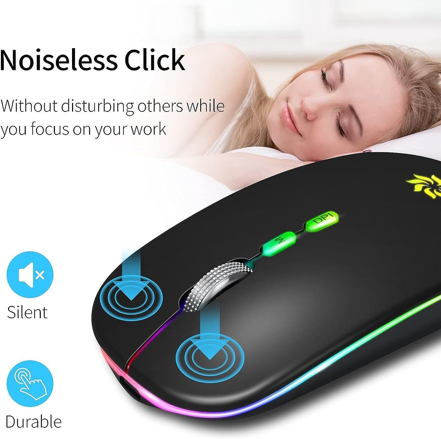 Wireless Mouse, LED Wireless Mouse for Laptop, Slim Silent Mouse 2.4G Rechargeable Wireless Computer Mouse for Laptop, Macbook, Ipad, Chromebook, with USB & Type-C Receiver
