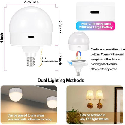2-Pack E12 Rechargeable Battery Operated Light Bulb with Remote, Dimmable LED Bulb with 15 Colors Selectable & 3 Timer, Wireless Detachable Puck Light Bulb for Wall Sconce, Non-Hardwired