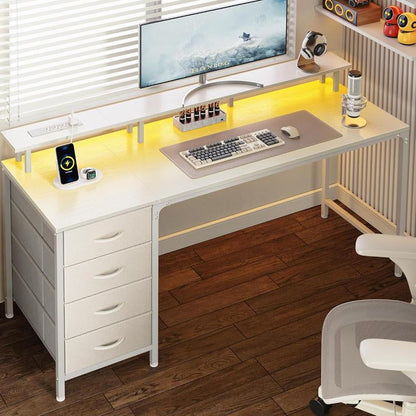 Computer Desk with Power Outlets and LED Lights, Gaming Desk with 4 Drawers, Office Desk with Monitor Stand, Study Work Home Office, Small Spaces, Black