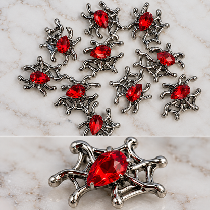 Queen - Nail Charms 10pc - #407 Silver Red Gem Spider Webs