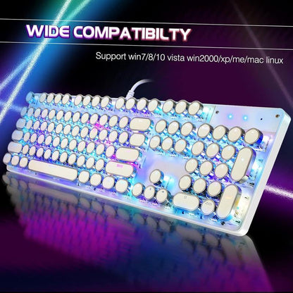 Typewriter Style Mechanical Gaming Keyboard RGB Backlit Wired with Blue Retro round Keycap 104 Keyboard (White 104 RGB)