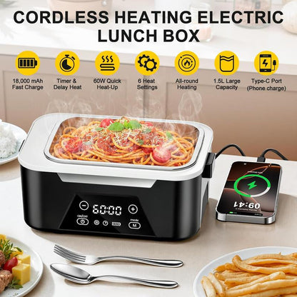 Cordless Heated Lunch Box for Adults, 1.5L (6 Cups) Rechargeable Electric Lunch Box Battery Powered with Scheduled Heating, Automatic Heating,Portable Food Warmer with Insulated Bag (Black)
