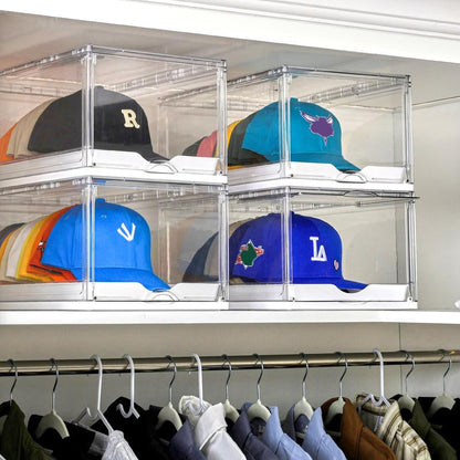 [Video Only] Vtopmart Hat Organizer for Baseball Caps,Clothing with Clear Holder Box, Large Cap Storage with Sliding Tray, Stackable Rack Display Case & Magnetic Door