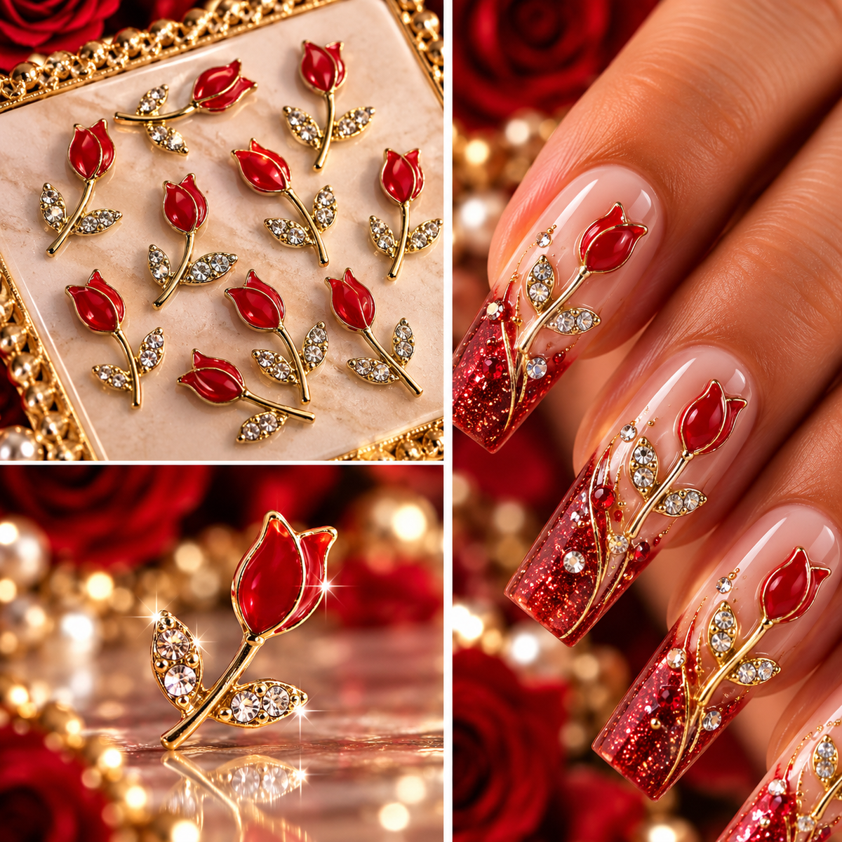 Queen - Nail Charms 10pc - #282 Gold Red Roses with Crystal Leaves