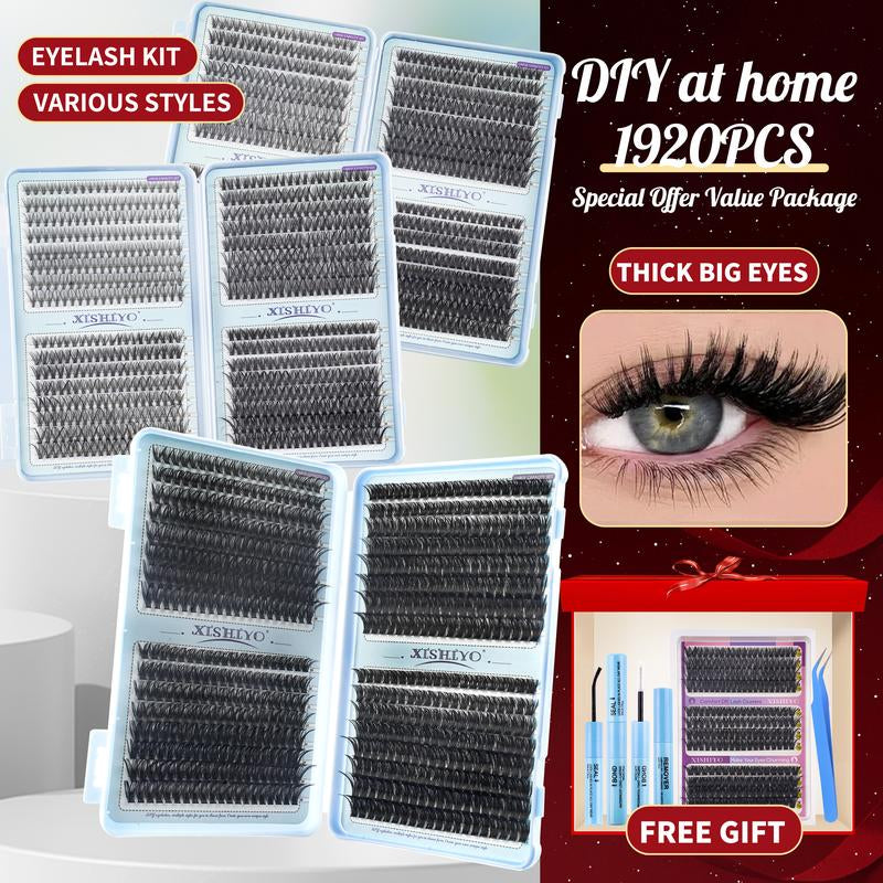 1712PCS Eyelash Cluster Kit, Dense Long Curl Lashes DIY Lash Clusters DIY Extension Set, Multiple Lengths, Includes Bond&Seal &Remove&Eyelash Tweezers &Brush D Curl（Ss02）