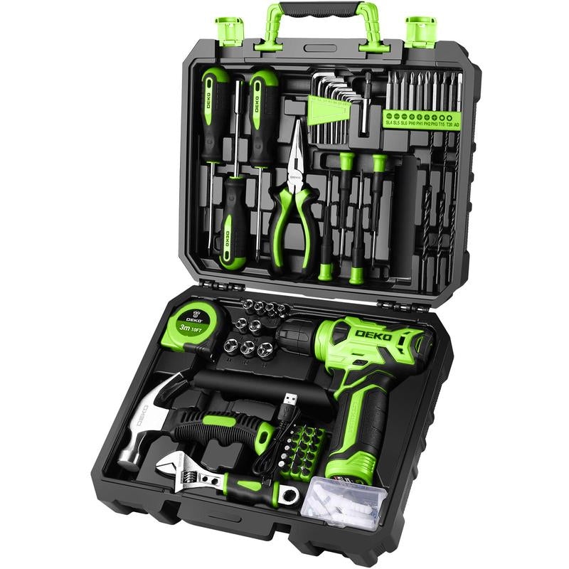 DEKOPRO 126-Piece Pink Household Tool Set with 8V Cordless Drill, Rechargeable Battery, All-In-One Compact Tools Kit, Perfect Christmas Gift, Ideal for Home Repairs & DIY Projects