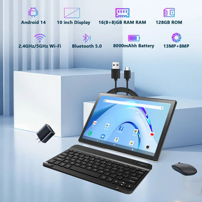 Tablet 2026 Newest Android 14 Tablet, 10 Inch Tablet,5G Wi-Fi Tablet Computer,2 in 1 Tablet with Keyboard, 128GB ROM+16(8+8)GB RAM + 1TB Expand,Octa-Core Processor,1920 * 1200 Ips,Bluetooth,Gps,Black