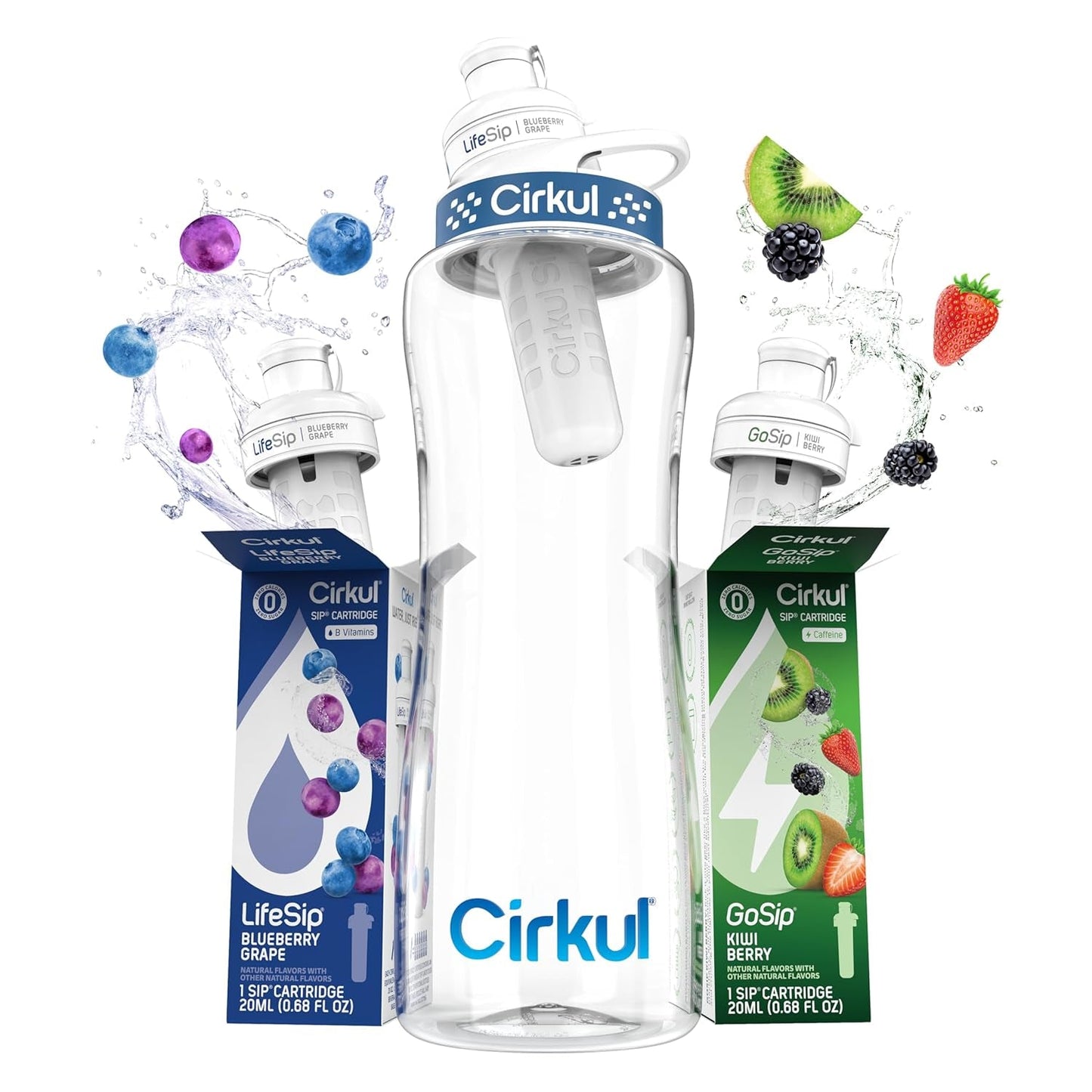 Cirkul 22Oz. Bpa-Free Plastic Water Bottle Starter Kit with Blue Lid, 3 Flavor Cartridges (1 Lifesip Fruit Punch, 1 Fitsip Mixed Berry, 1 Gosip Black Cherry) Zero Calories and No Sugar