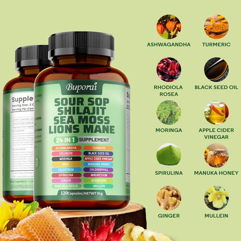 Buporai-Soursop Blend Dietary Supplement Capsules, Containing Soursop Blend, Vitamin C, Supports Skin Health, Relieves Stress, Supports Joint and Bone Health
