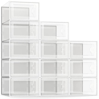 X-Large Shoe Storage Box Fit Size 11, Clear Plastic Stackable Shoe Organizer for Closet, Space Saving Foldable Shoe Rack Sneaker Container Bin Holder, 12 Pack Clear