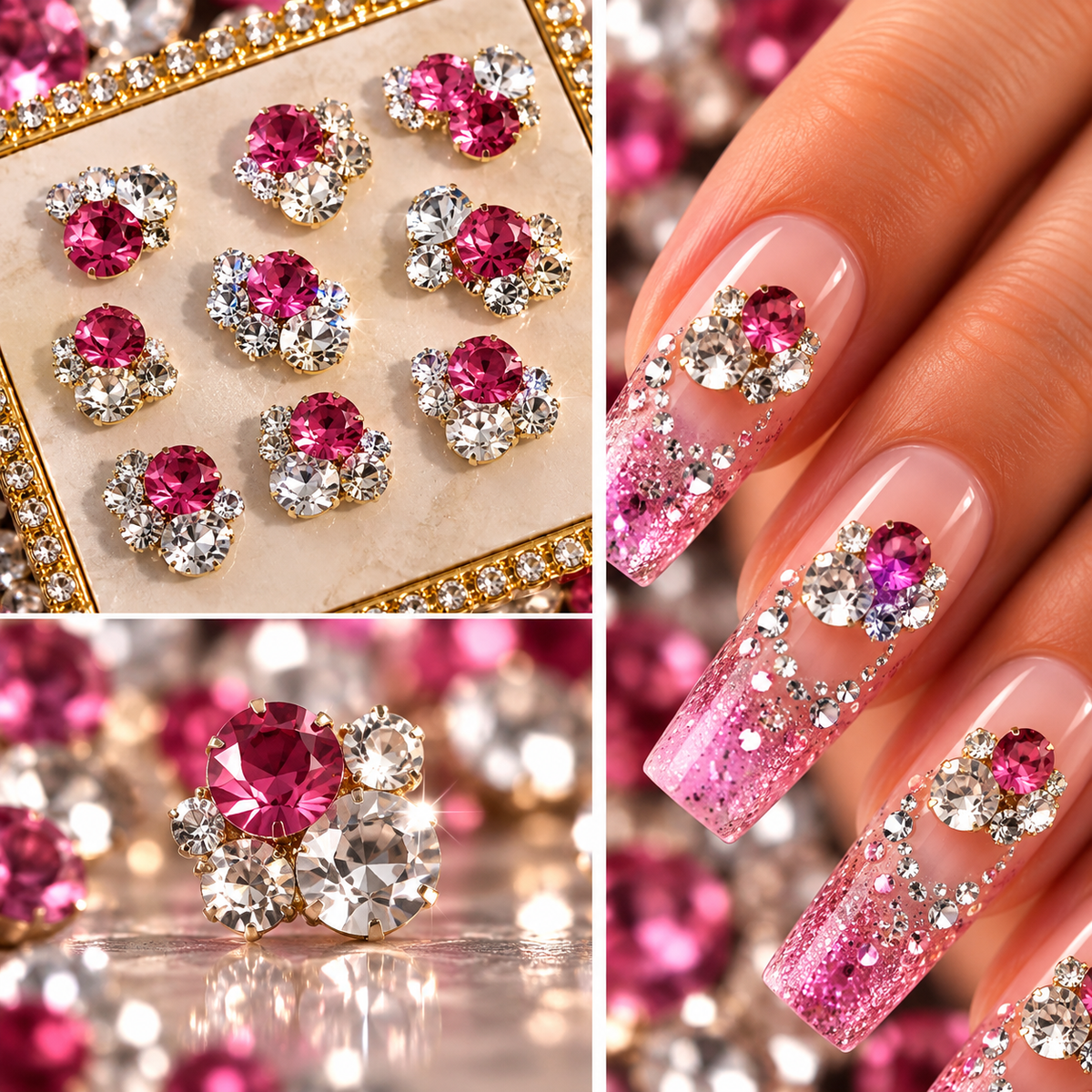 Queen - Nail Charms 10pc - #192 Gold Pink & White Crystal Clusters