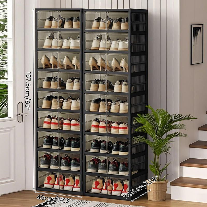 NLDD Extra-Wide & Tall 9-Tier Shoe Cabinet Holds 18 Pairs Clear Doors Wheels for Effortless Storage Stackable Reinforced Frame Ventilation Holes