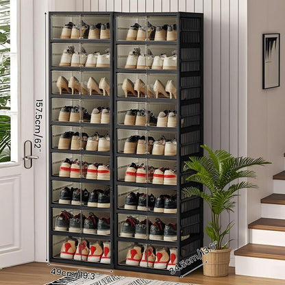 NLDD Extra-Wide & Tall 9-Tier Shoe Cabinet Holds 18 Pairs Clear Doors Wheels for Effortless Storage Stackable Reinforced Frame Ventilation Holes