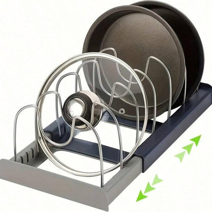 Expandable Pot and Pan Organizer Rack for Cabinet, Pot Lid Organizer Holder with 7 Stainless Steel Adjustable Dividers for Kitchen Cabinet Organizer and Storage