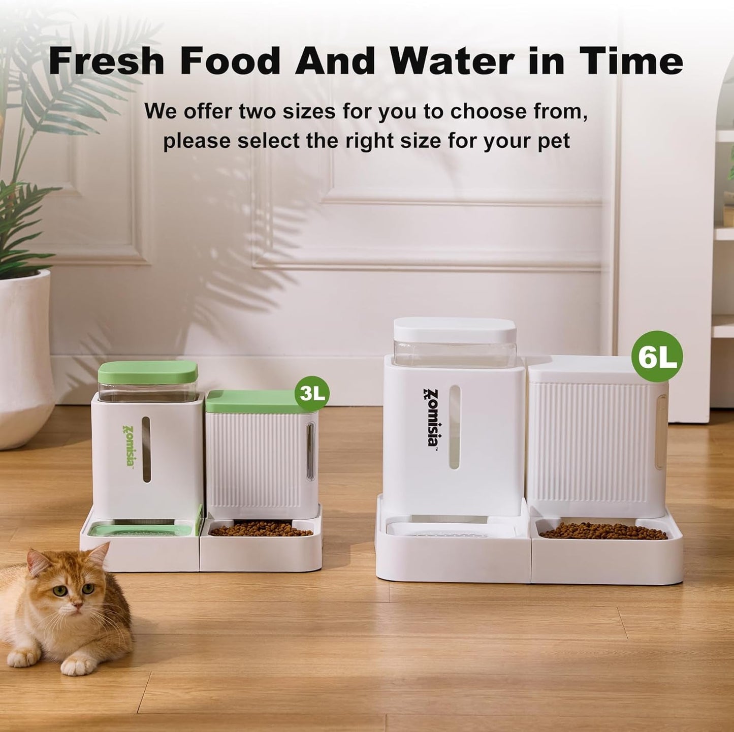 ZOMISIA Automatic Cat Feeder and Water Dispenser Set, 2 in 1 Gravity Cat Food Dispenser with 180 Degree Rotatable, Pet Self Feeding Large Capacity for Small Dogs Puppy Kitten, Black, 0.8 Gallon X 2